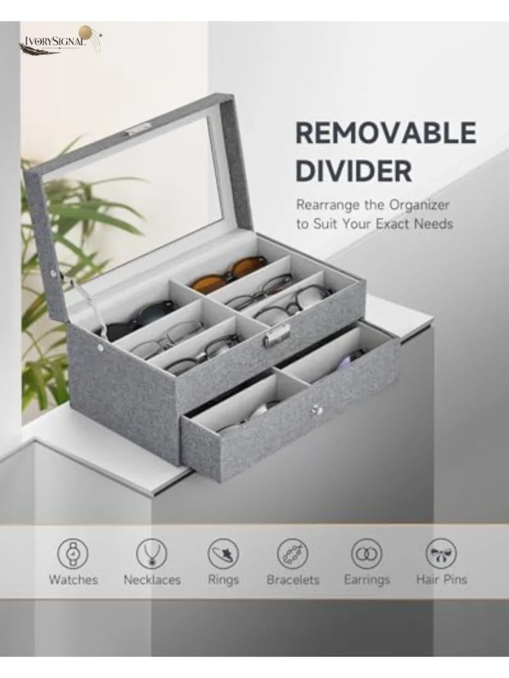Linen Sunglasses Organizer Case with 12 Slots, Lockable Glass Lid, Jewelry